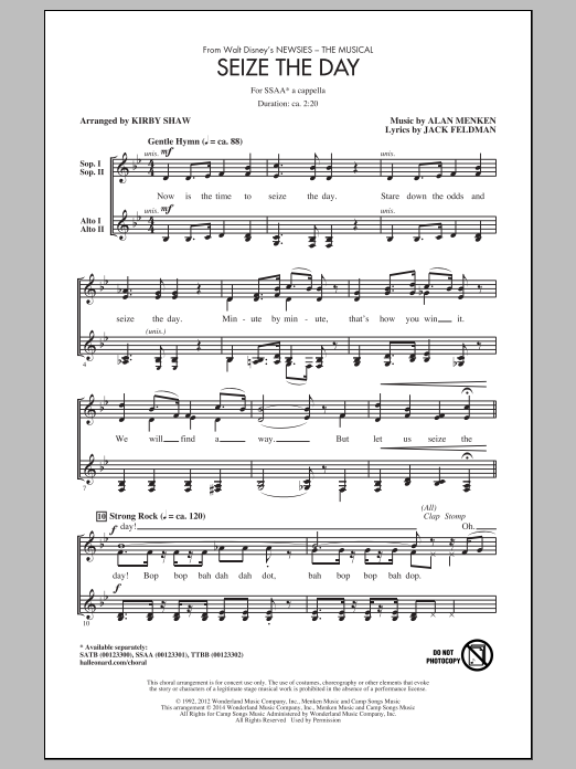 Alan Menken & Jack Feldman Seize The Day (from Newsies The Musical) (arr. Kirby Shaw) sheet music notes and chords arranged for SATB Choir