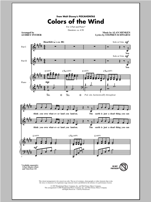 Alan Menken & Stephen Schwartz Colors Of The Wind (from Pocahontas) (arr. Audrey Snyder) sheet music notes and chords arranged for 2-Part Choir