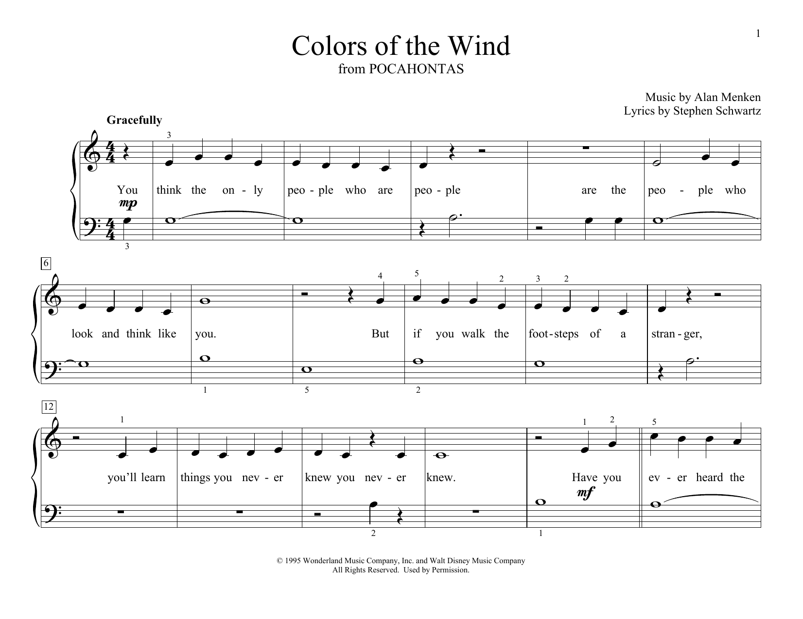Alan Menken & Stephen Schwartz Colors Of The Wind (from Pocahontas) (arr. Christopher Hussey) sheet music notes and chords arranged for Educational Piano