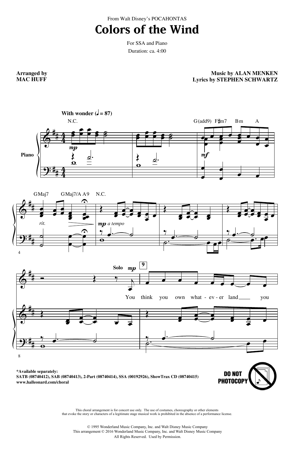Alan Menken & Stephen Schwartz Colors Of The Wind (from Pocahontas) (arr. Mac Huff) sheet music notes and chords arranged for SSA Choir