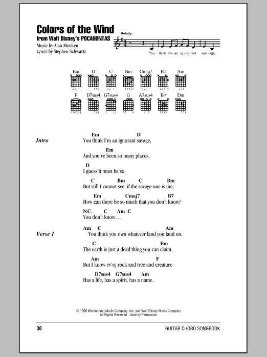 Alan Menken & Stephen Schwartz Colors Of The Wind (from Pocahontas) sheet music notes and chords arranged for Piano & Vocal