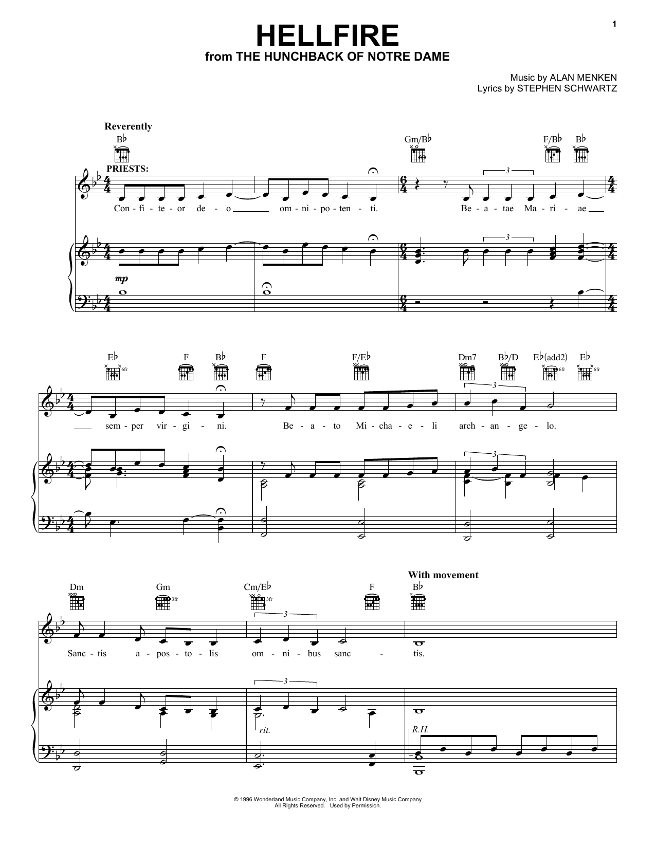 Alan Menken & Stephen Schwartz Hellfire (from The Hunchback Of Notre Dame) sheet music notes and chords arranged for Piano, Vocal & Guitar Chords (Right-Hand Melody)
