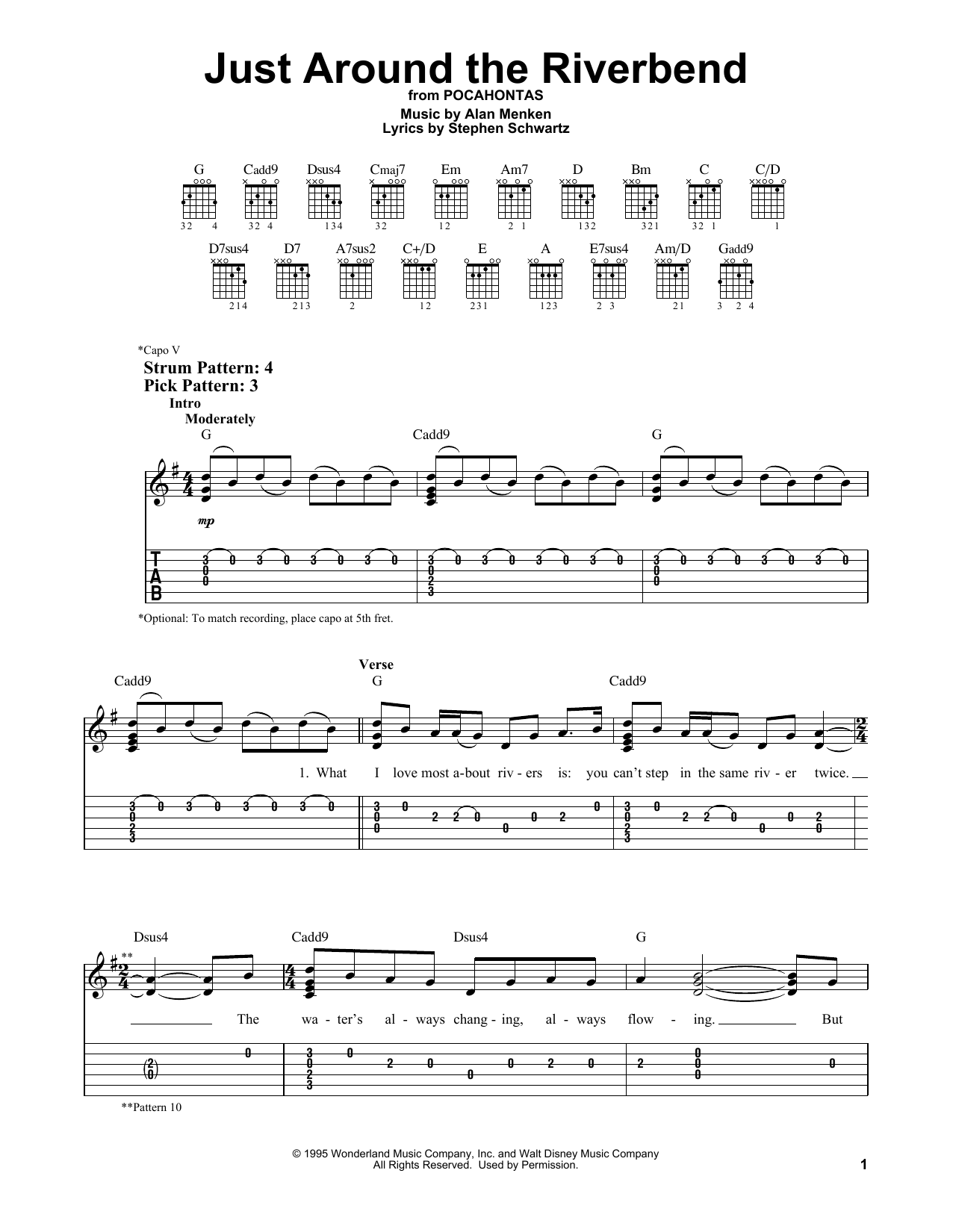 Alan Menken & Stephen Schwartz Just Around The Riverbend (from Pocahontas) sheet music notes and chords arranged for Easy Guitar Tab