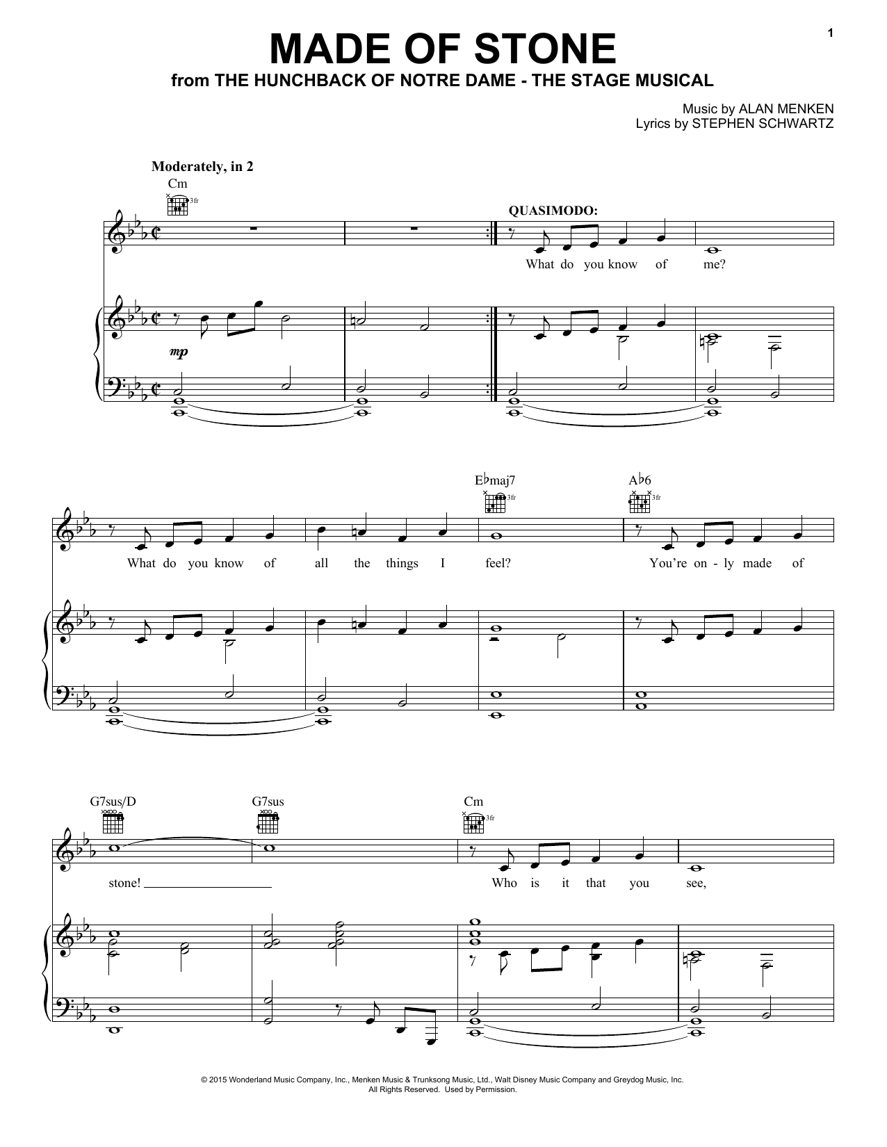 Alan Menken & Stephen Schwartz Made Of Stone (from the musical The Hunchback of Notre Dame) sheet music notes and chords arranged for Piano, Vocal & Guitar Chords (Right-Hand Melody)