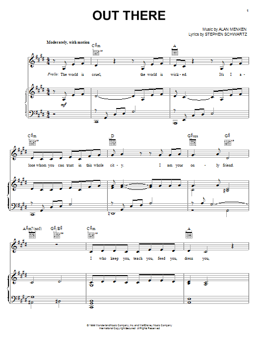 Alan Menken & Stephen Schwartz Out There (from Disney's The Hunchback Of Notre Dame) sheet music notes and chords arranged for Piano Solo