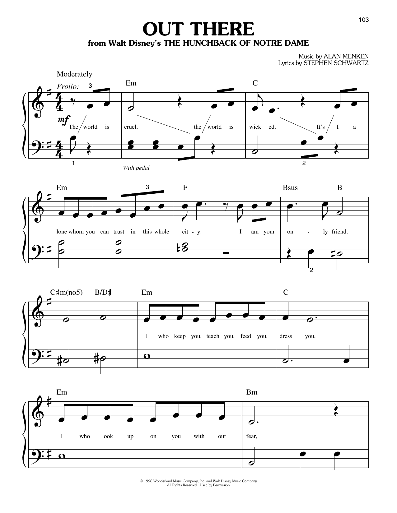Alan Menken & Stephen Schwartz Out There (from The Hunchback Of Notre Dame) sheet music notes and chords arranged for Easy Piano