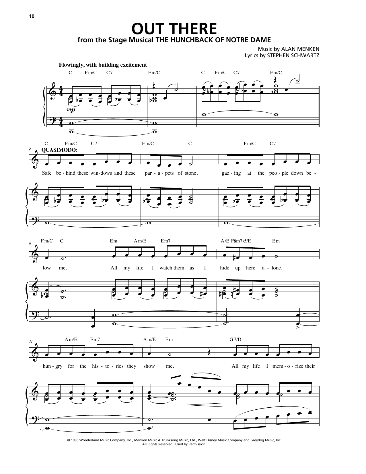Alan Menken & Stephen Schwartz Out There (from The Hunchback Of Notre Dame: A New Musical) sheet music notes and chords arranged for Piano, Vocal & Guitar Chords (Right-Hand Melody)