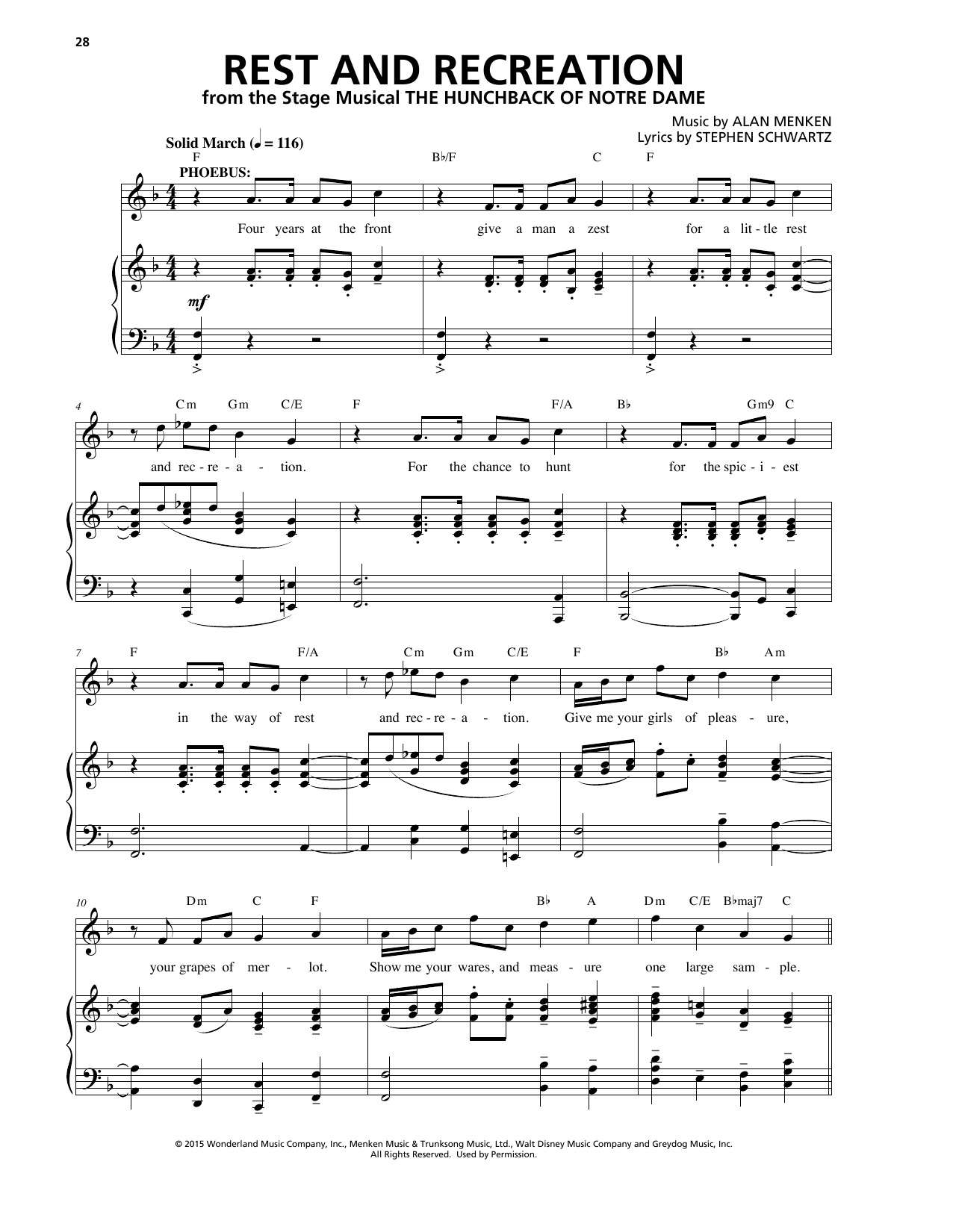 Alan Menken & Stephen Schwartz Rest And Recreation (from The Hunchback Of Notre Dame: A New Musical) sheet music notes and chords arranged for Piano & Vocal