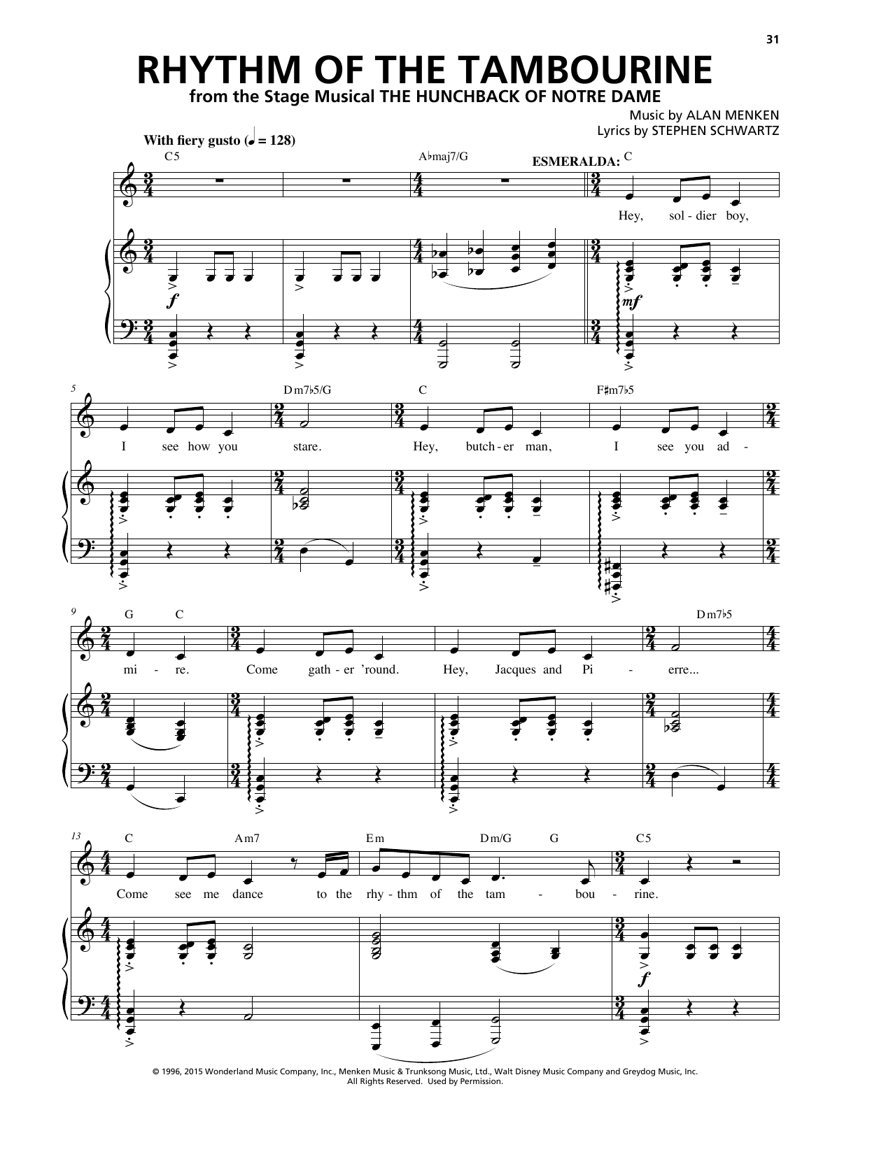 Alan Menken & Stephen Schwartz Rhythm Of The Tambourine (from The Hunchback Of Notre Dame: A New Musical) sheet music notes and chords arranged for Piano & Vocal