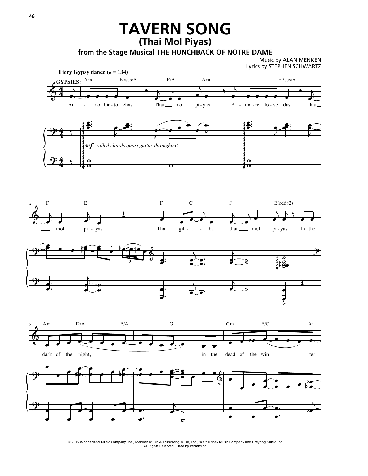 Alan Menken & Stephen Schwartz Tavern Song (Thai Mol Piyas) (from The Hunchback Of Notre Dame: A New Musical) sheet music notes and chords arranged for Piano & Vocal