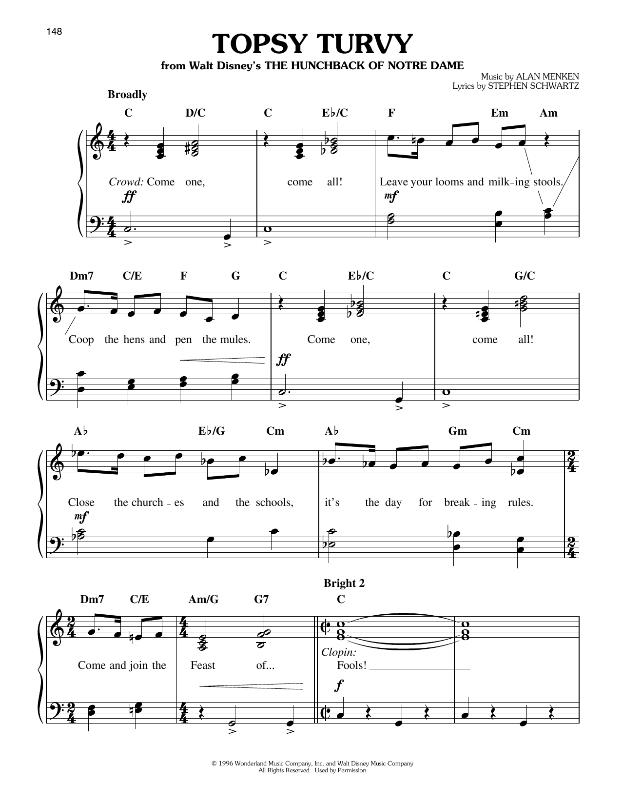 Alan Menken & Stephen Schwartz Topsy Turvy (from The Hunchback Of Notre Dame) sheet music notes and chords arranged for Easy Piano