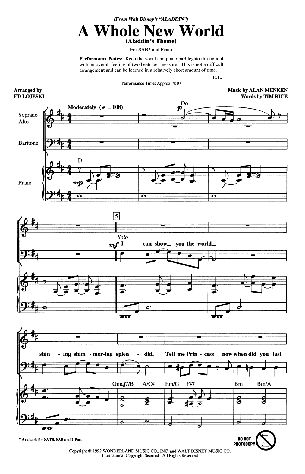 Alan Menken & Tim Rice A Whole New World (Aladdin's Theme) (from Aladdin) (arr. Ed Lojeski) sheet music notes and chords arranged for SAB Choir