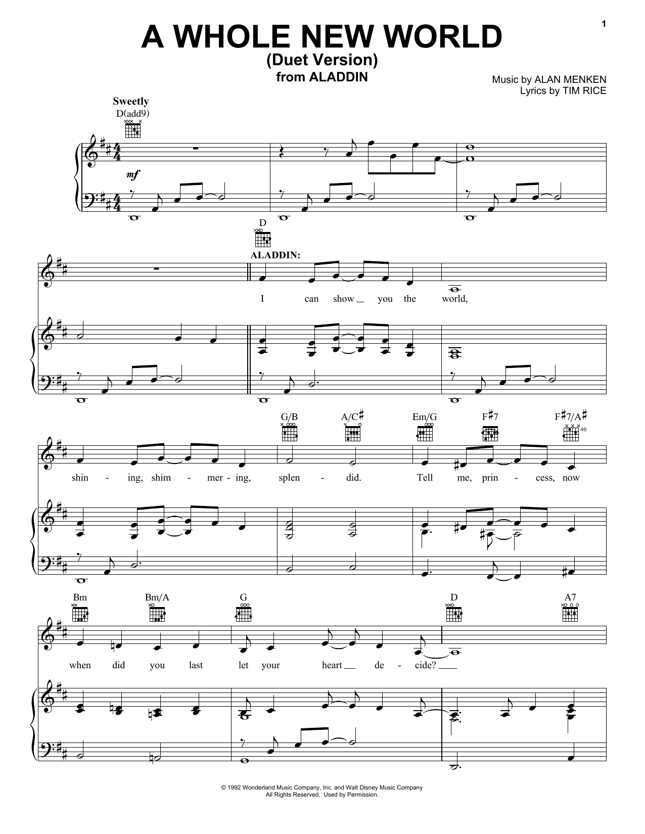 Alan Menken & Tim Rice A Whole New World (Duet Version) (from Aladdin) sheet music notes and chords arranged for Piano, Vocal & Guitar Chords (Right-Hand Melody)