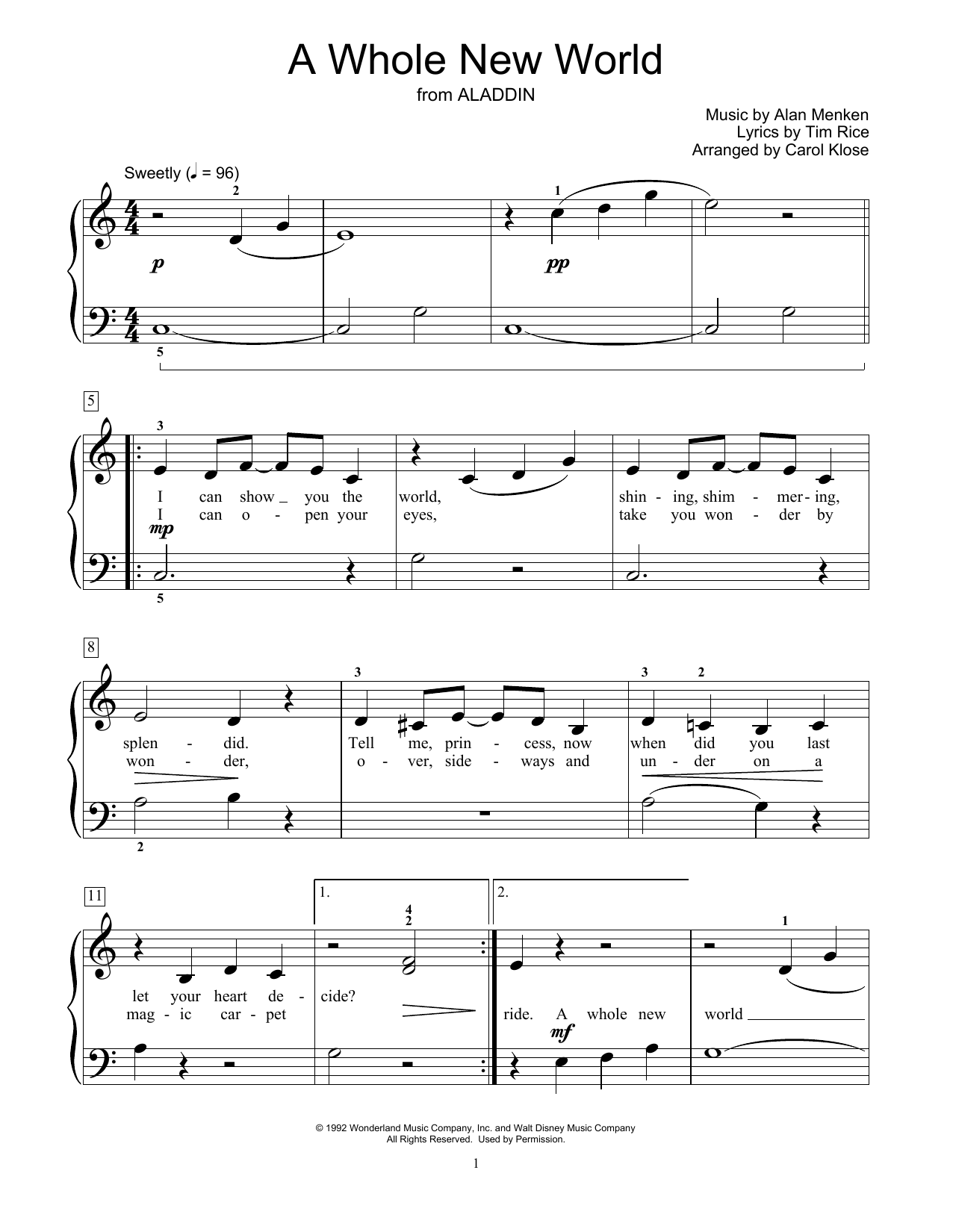 Alan Menken & Tim Rice A Whole New World (from Aladdin) sheet music notes and chords arranged for Educational Piano