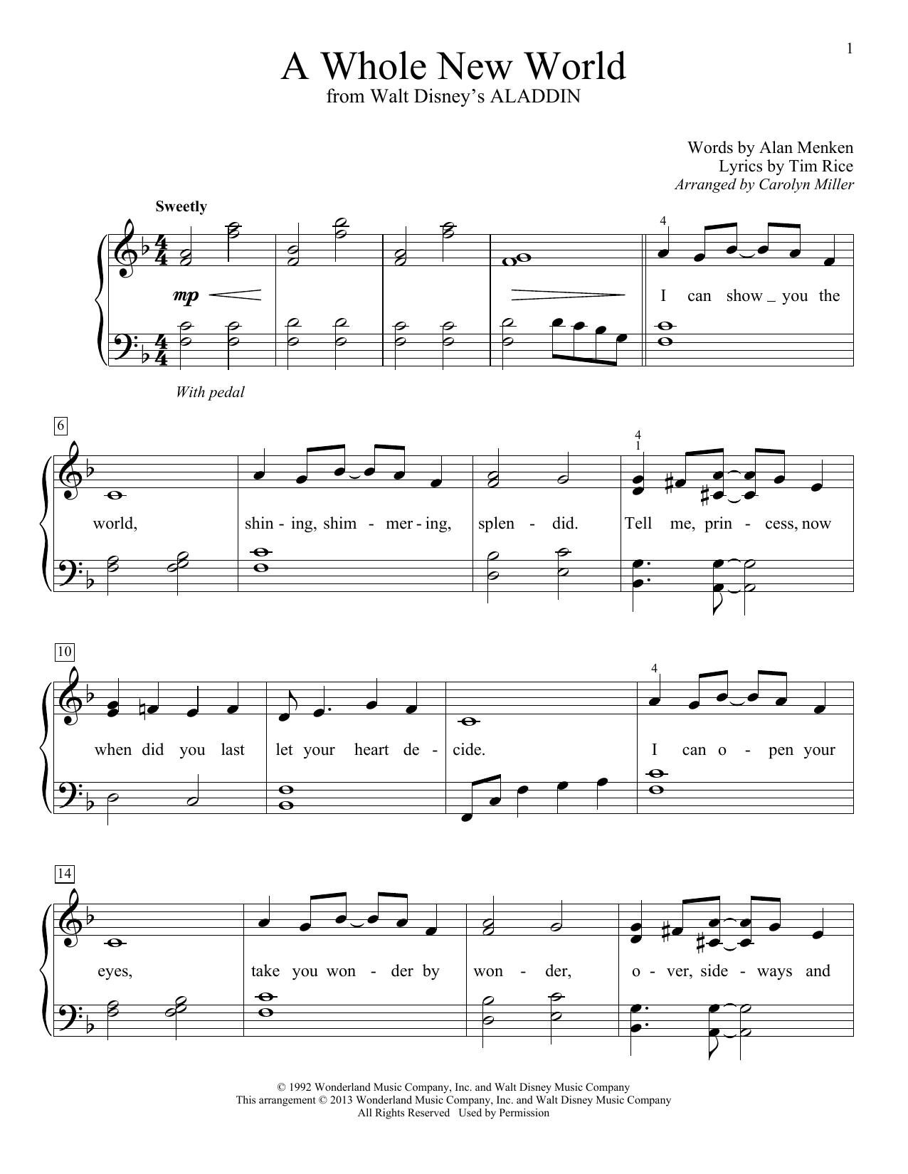 Alan Menken & Tim Rice A Whole New World (from Aladdin) (arr. Carolyn Miller) sheet music notes and chords arranged for Educational Piano