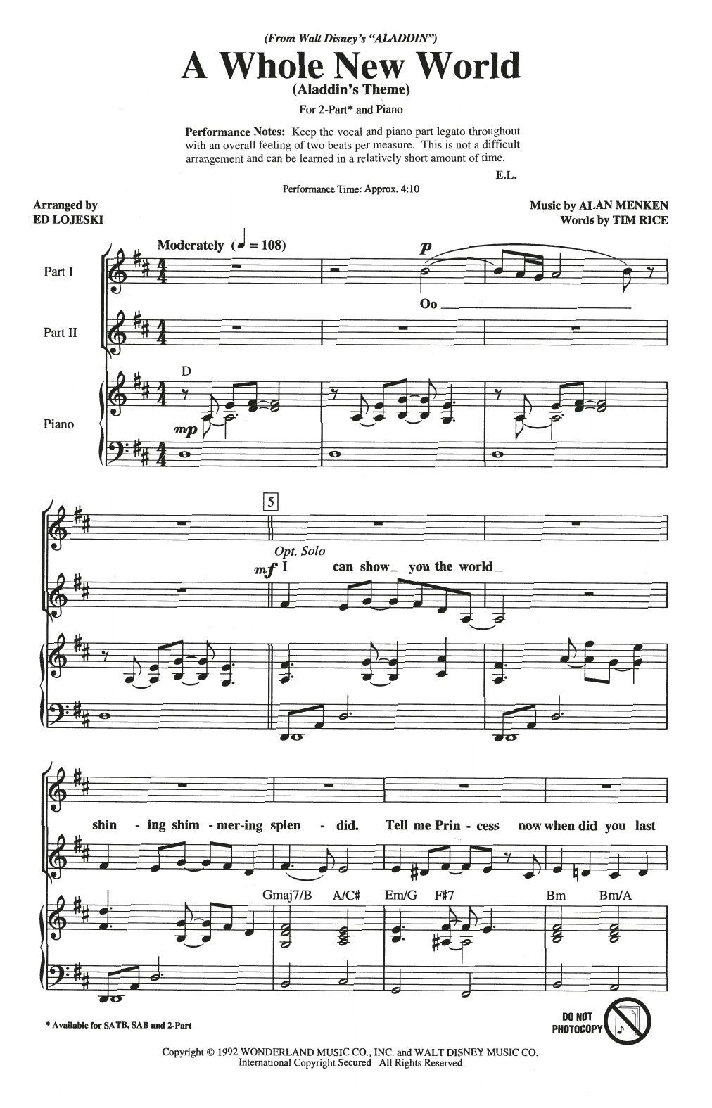 Alan Menken & Tim Rice A Whole New World (from Aladdin) (arr. Ed Lojeski) sheet music notes and chords arranged for 2-Part Choir