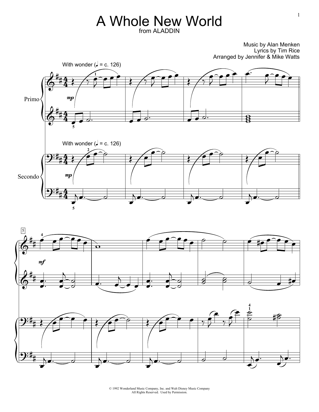 Alan Menken & Tim Rice A Whole New World (from Aladdin) (arr. Jennifer & Mike Watts) sheet music notes and chords arranged for Piano Duet