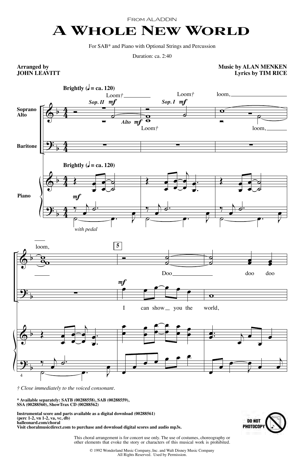 Alan Menken & Tim Rice A Whole New World (from Aladdin) (arr. John Leavitt) sheet music notes and chords arranged for SAB Choir