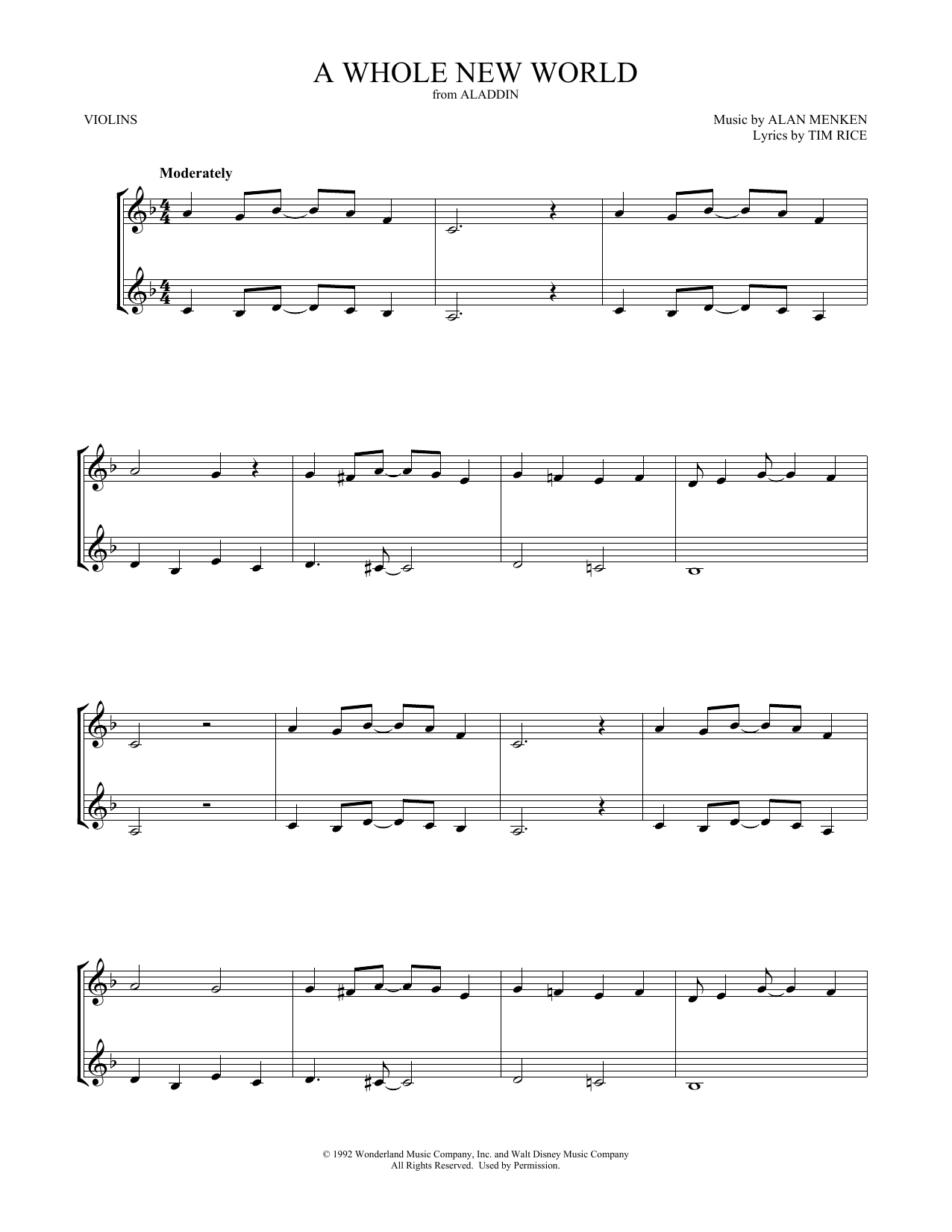 Alan Menken & Tim Rice A Whole New World (from Aladdin) (arr. Mark Phillips) sheet music notes and chords arranged for Violin Duet