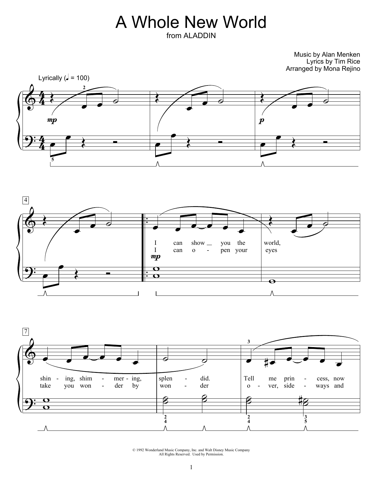 Alan Menken & Tim Rice A Whole New World (from Aladdin) (arr. Mona Rejino) sheet music notes and chords arranged for Educational Piano