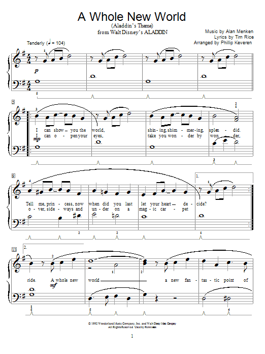 Alan Menken & Tim Rice A Whole New World (from Aladdin) (arr. Phillip Keveren) sheet music notes and chords arranged for Easy Piano