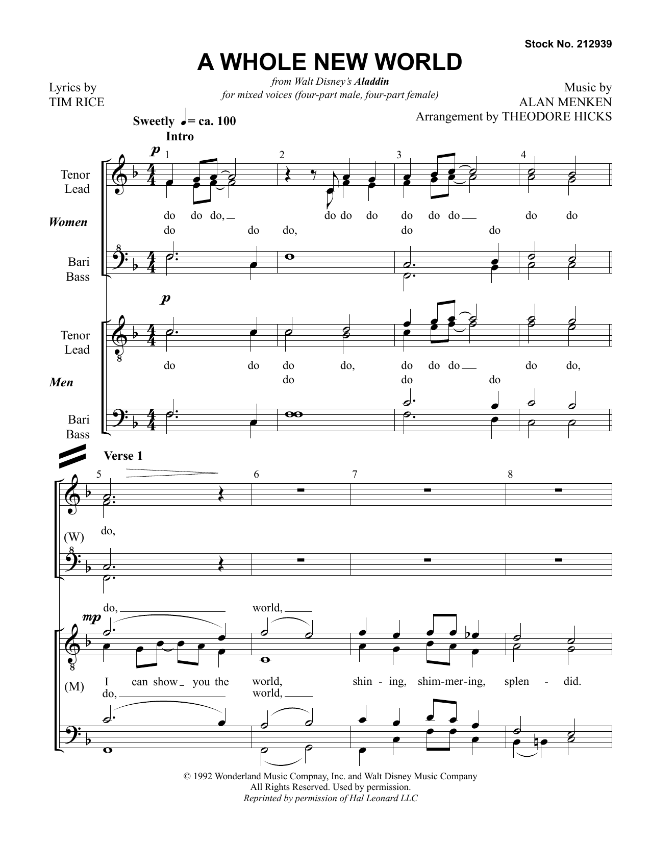 Alan Menken & Tim Rice A Whole New World (from Aladdin) (arr. Theo Hicks) sheet music notes and chords arranged for SSAATTBB Choir