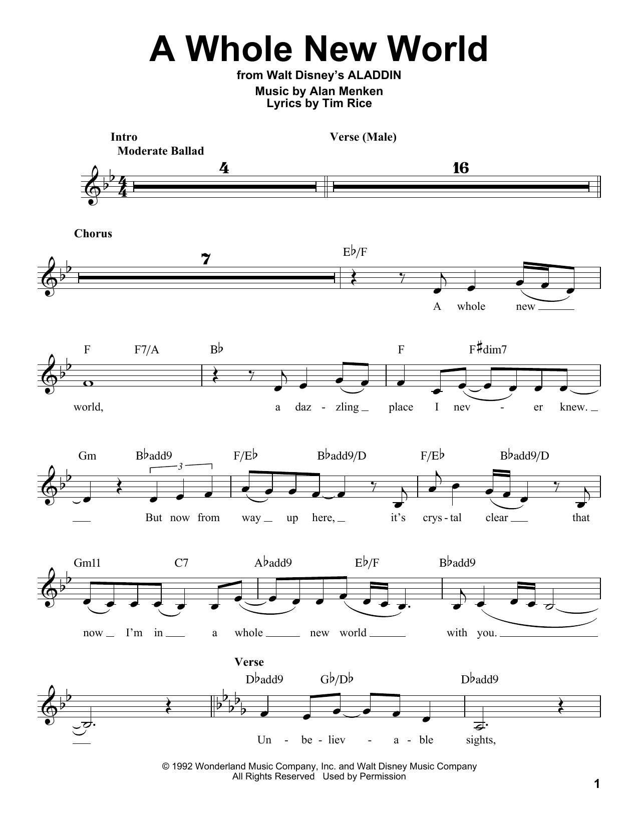 Alan Menken & Tim Rice A Whole New World (from Aladdin) (Female part only) sheet music notes and chords arranged for Pro Vocal