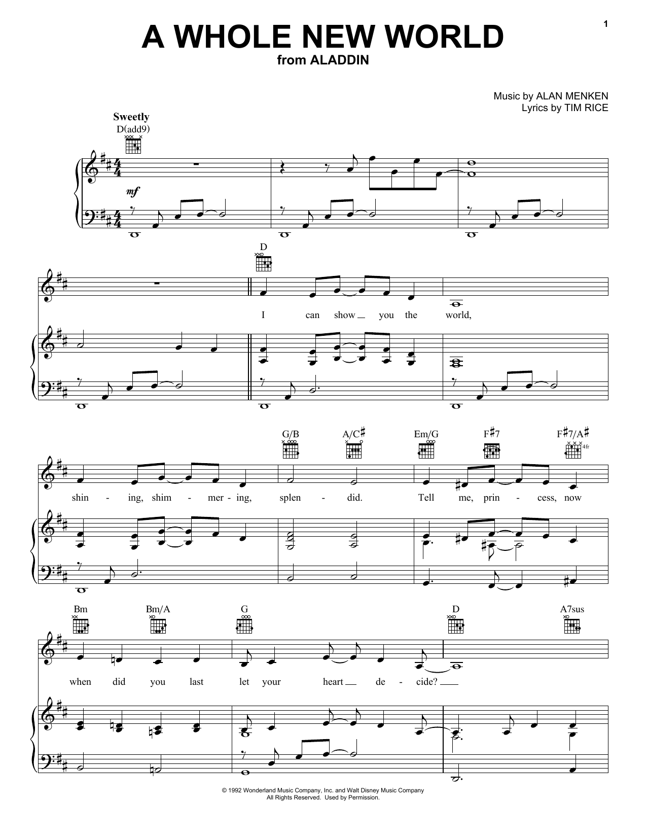 Alan Menken & Tim Rice A Whole New World (from Aladdin) sheet music notes and chords arranged for Flute Solo