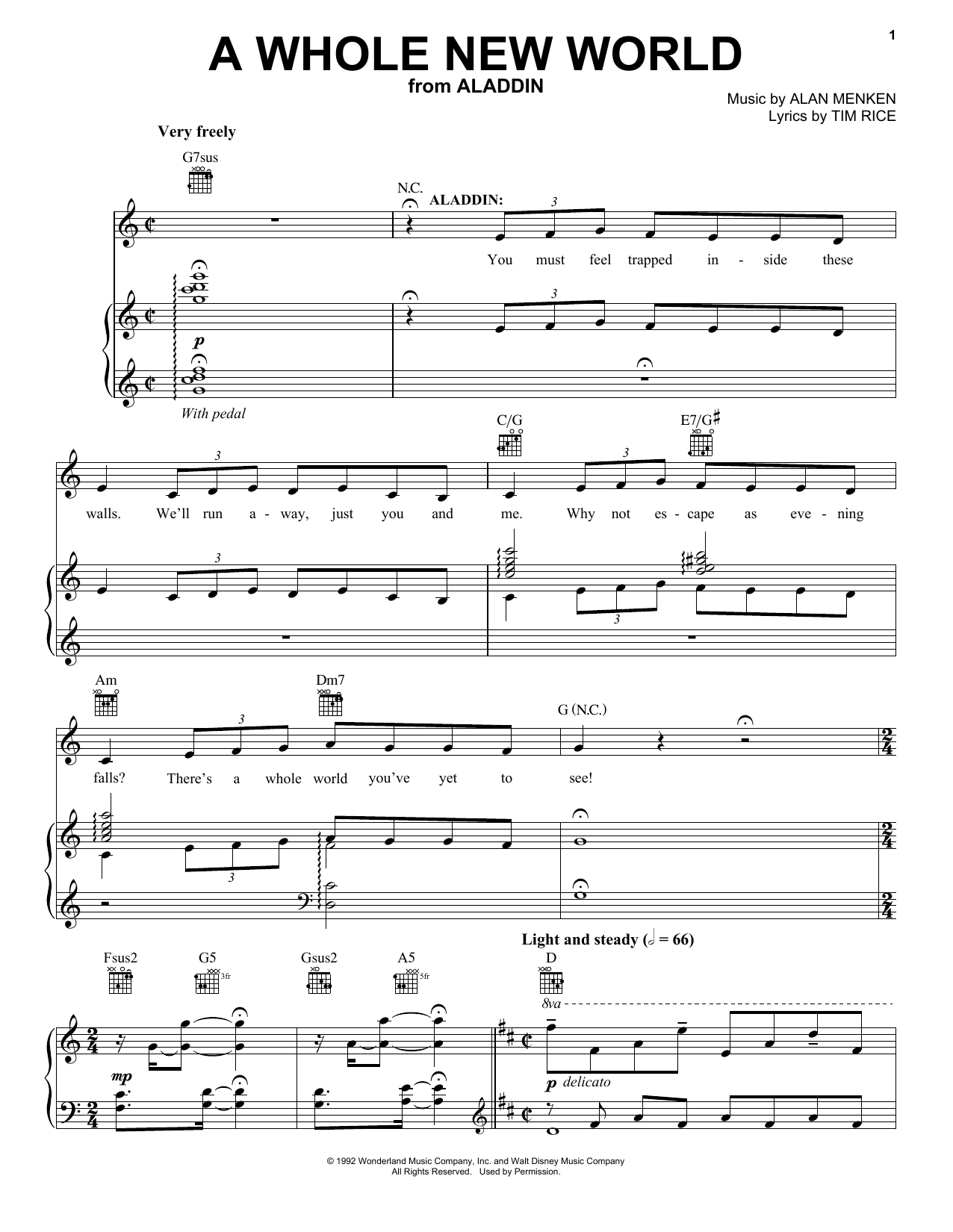 Alan Menken & Tim Rice A Whole New World (from Aladdin: The Broadway Musical) sheet music notes and chords arranged for Piano & Vocal