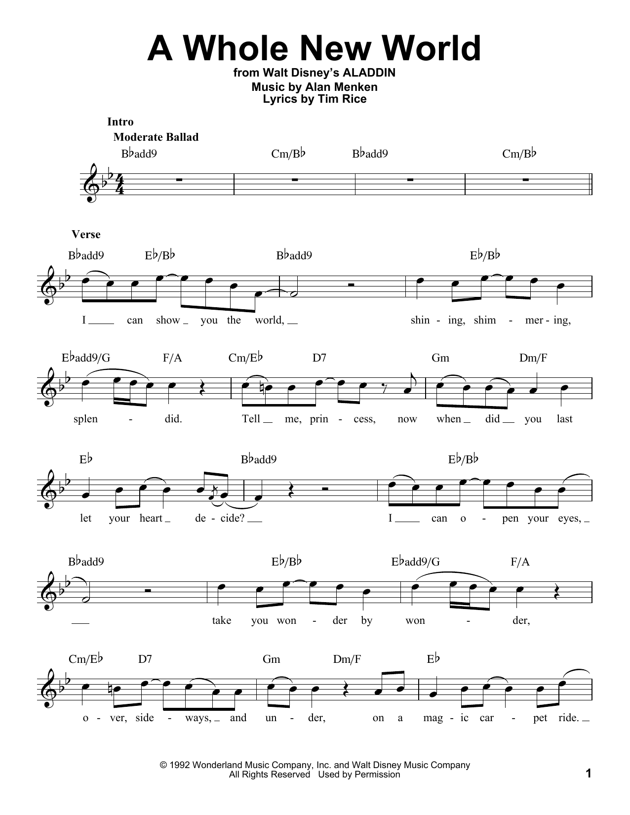 Alan Menken & Tim Rice A Whole New World (Male part only) (from Aladdin) sheet music notes and chords arranged for Pro Vocal