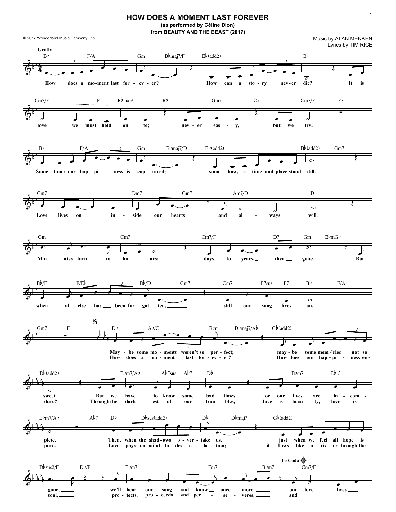 Alan Menken & Tim Rice How Does A Moment Last Forever (from Beauty And The Beast) (2017) sheet music notes and chords arranged for Lead Sheet / Fake Book