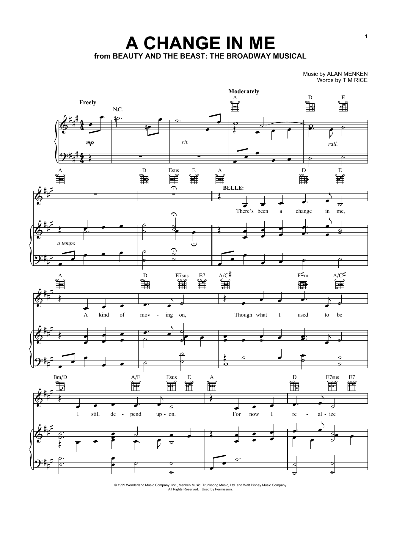 Alan Menken A Change In Me (from Beauty and the Beast: The Broadway Musical) sheet music notes and chords arranged for Vocal Pro + Piano/Guitar