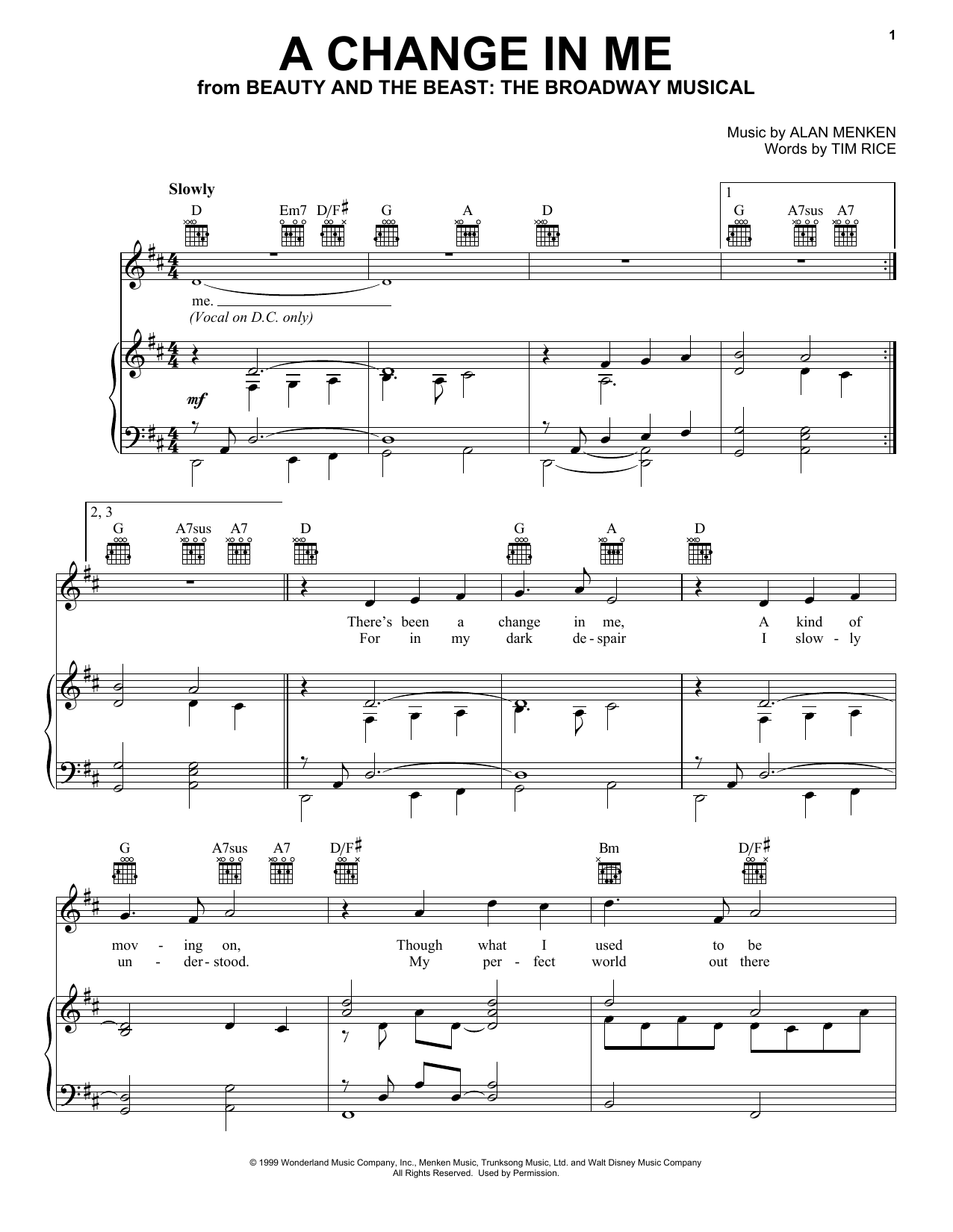 Alan Menken A Change In Me (from Beauty and the Beast: The Musical) sheet music notes and chords arranged for Piano & Vocal