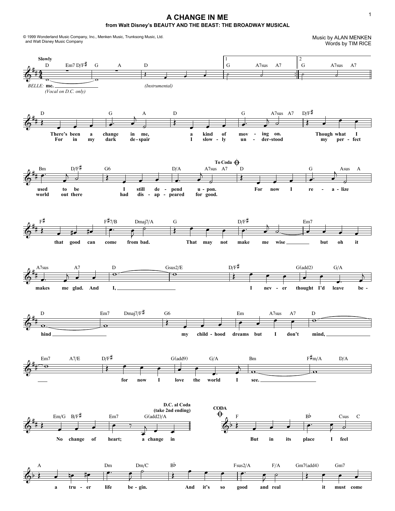Alan Menken A Change In Me sheet music notes and chords arranged for Pro Vocal