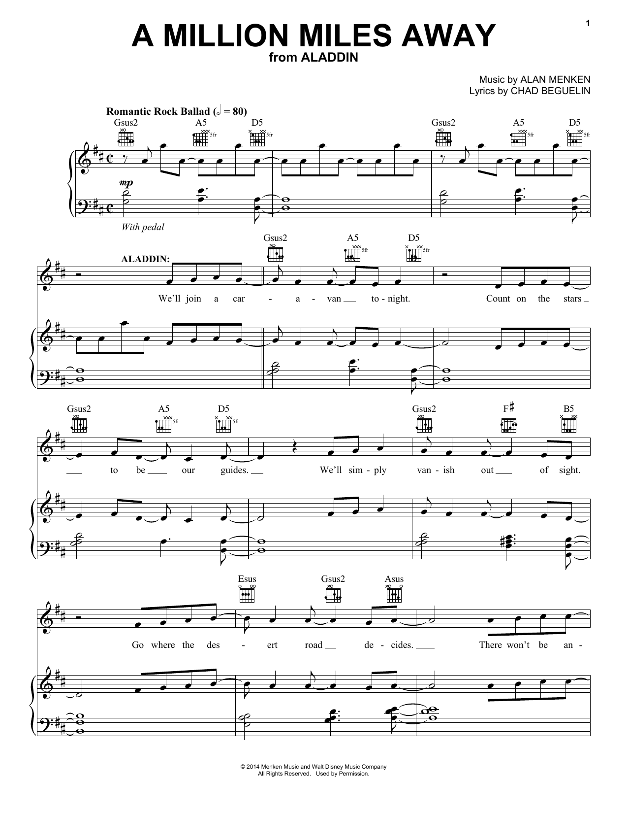 Alan Menken A Million Miles Away (from Aladdin: The Broadway Musical) sheet music notes and chords arranged for Piano & Vocal