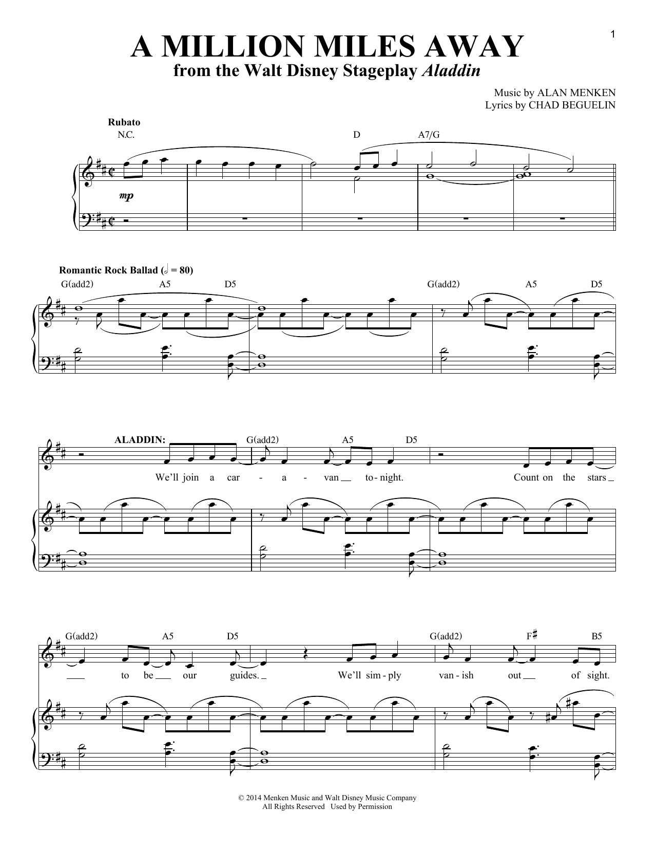 Alan Menken A Million Miles Away sheet music notes and chords arranged for Vocal Duet