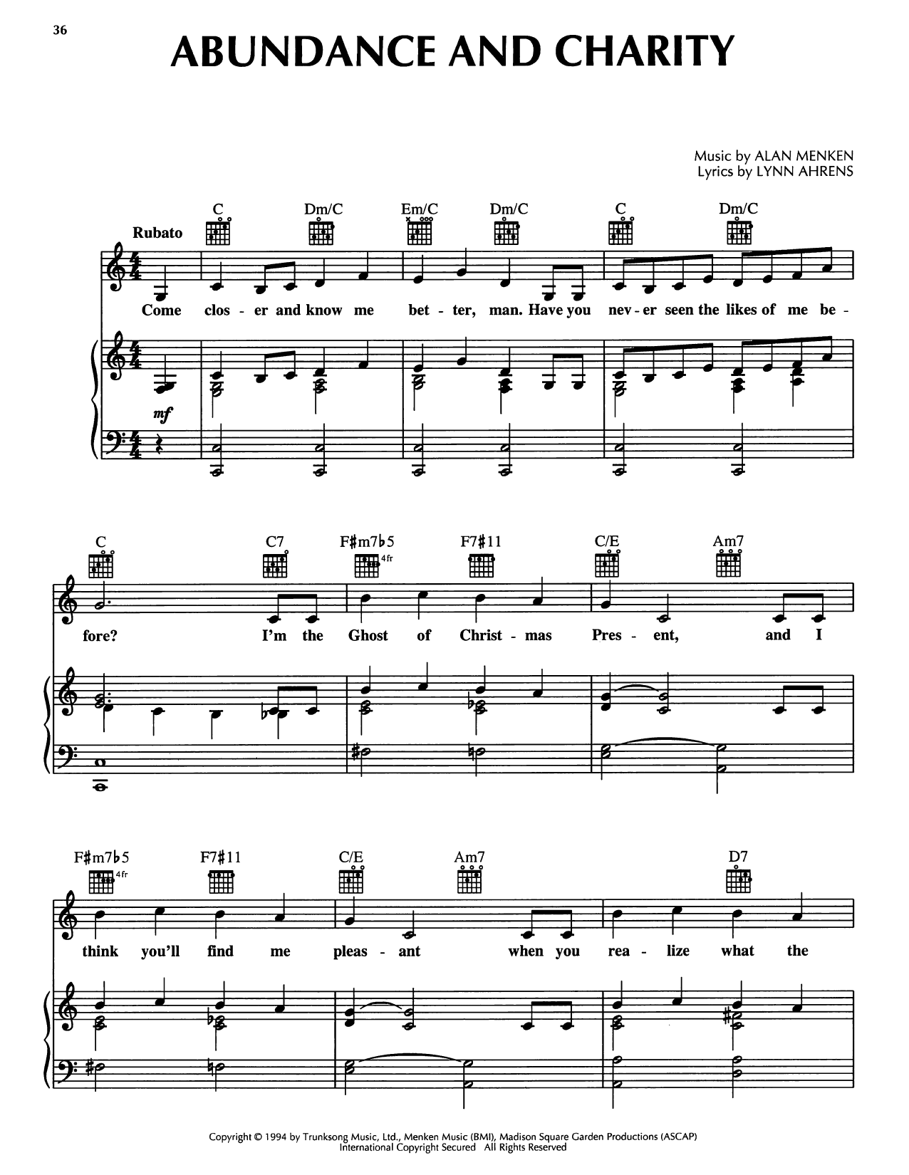 Alan Menken Abundance And Charity (from A Christmas Carol) sheet music notes and chords arranged for Piano, Vocal & Guitar Chords (Right-Hand Melody)