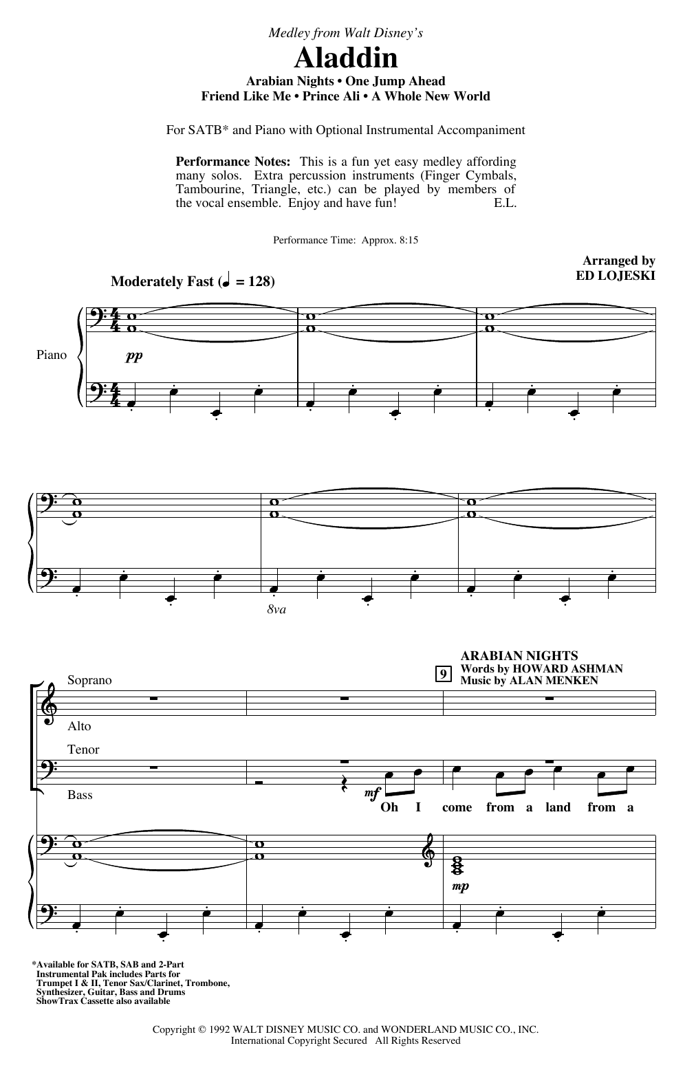 Alan Menken Aladdin (Medley) (from Disney's Aladdin) (arr. Ed Lojeski) sheet music notes and chords arranged for SAB Choir