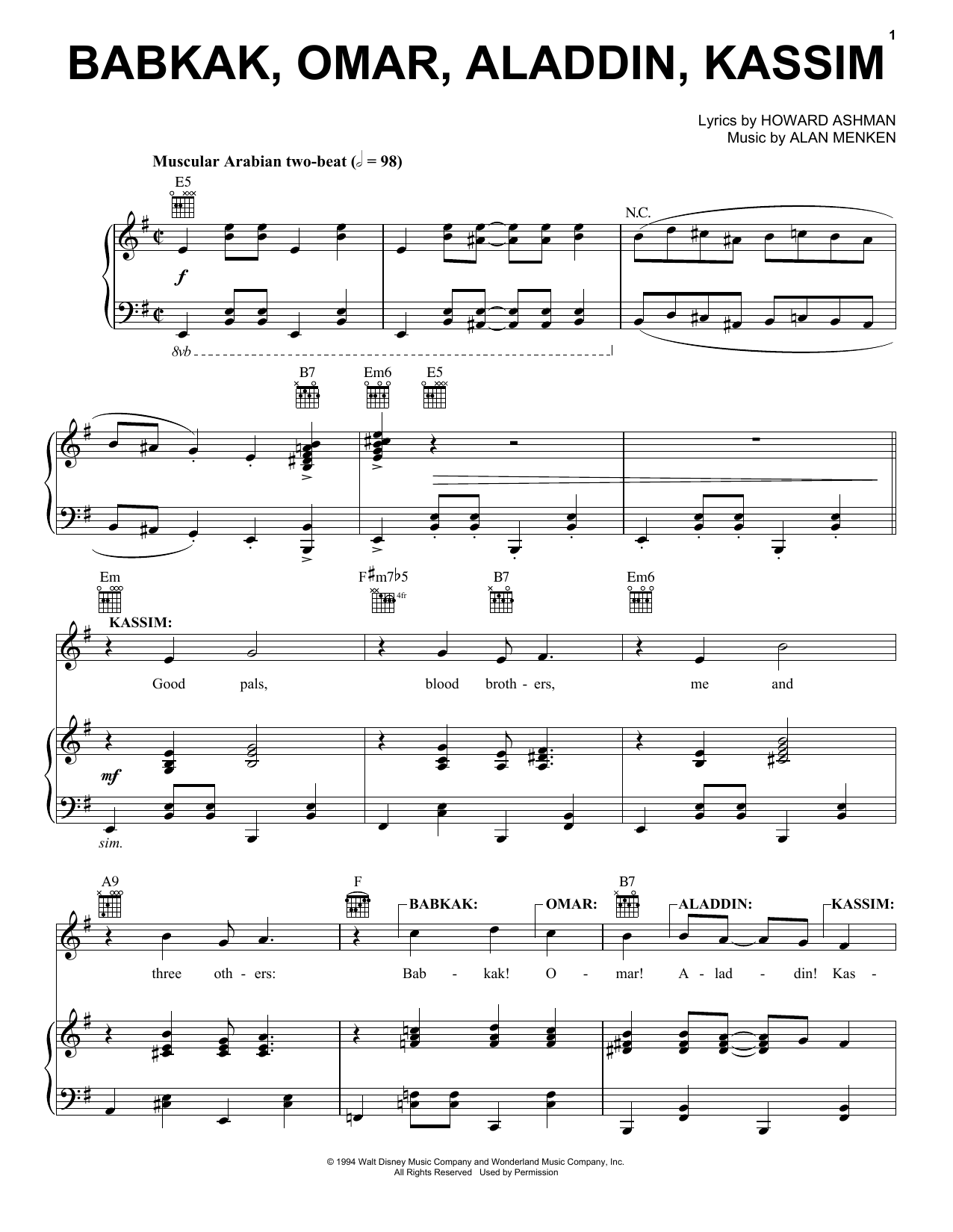 Alan Menken Babkak, Omar, Aladdin, Kassim (from Aladdin: The Broadway Musical) sheet music notes and chords arranged for Piano, Vocal & Guitar Chords (Right-Hand Melody)