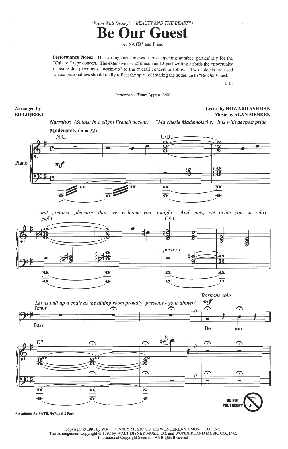 Alan Menken Be Our Guest (from Beauty And The Beast) (arr. Ed Lojeski) sheet music notes and chords arranged for SATB Choir