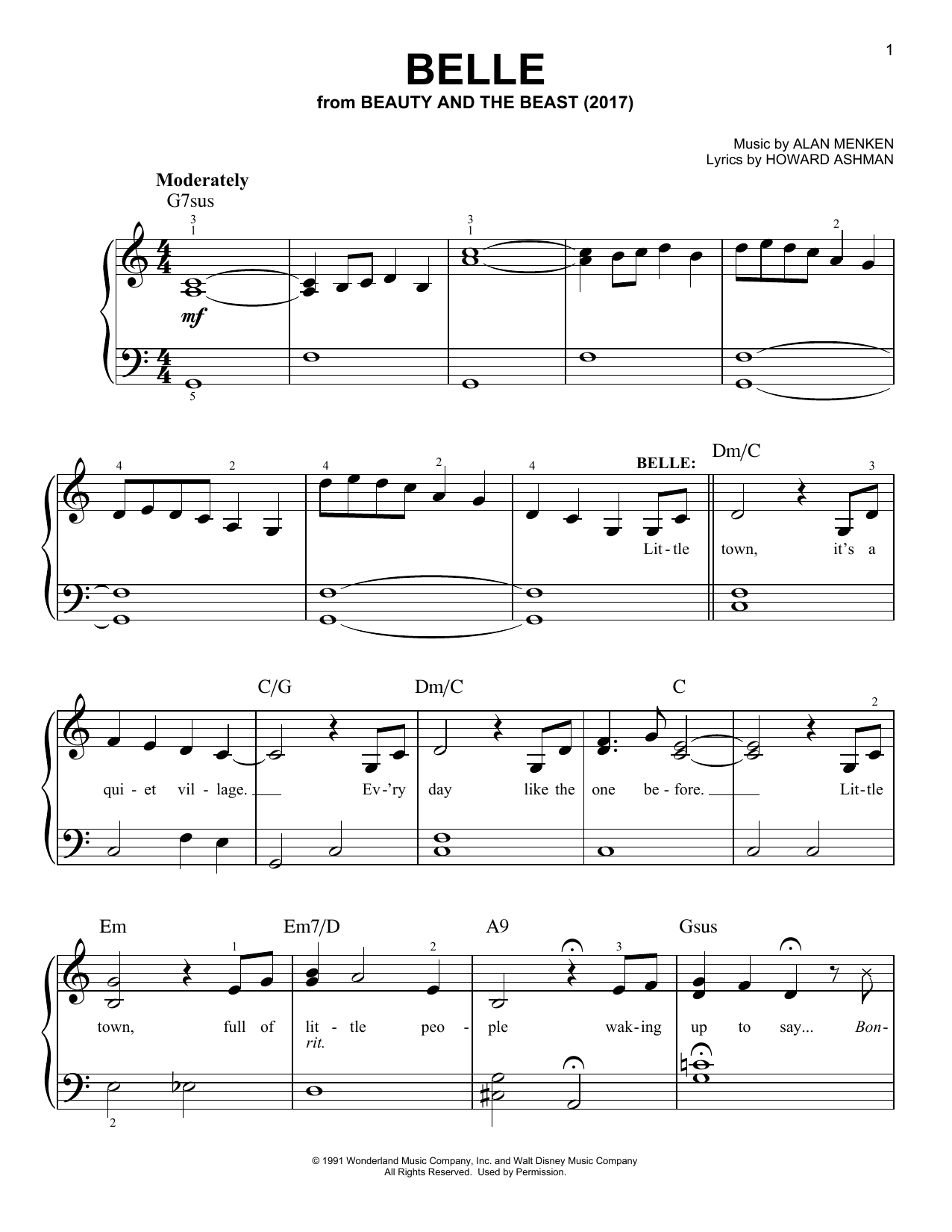 Alan Menken Belle (from Beauty And The Beast) sheet music notes and chords arranged for Easy Piano