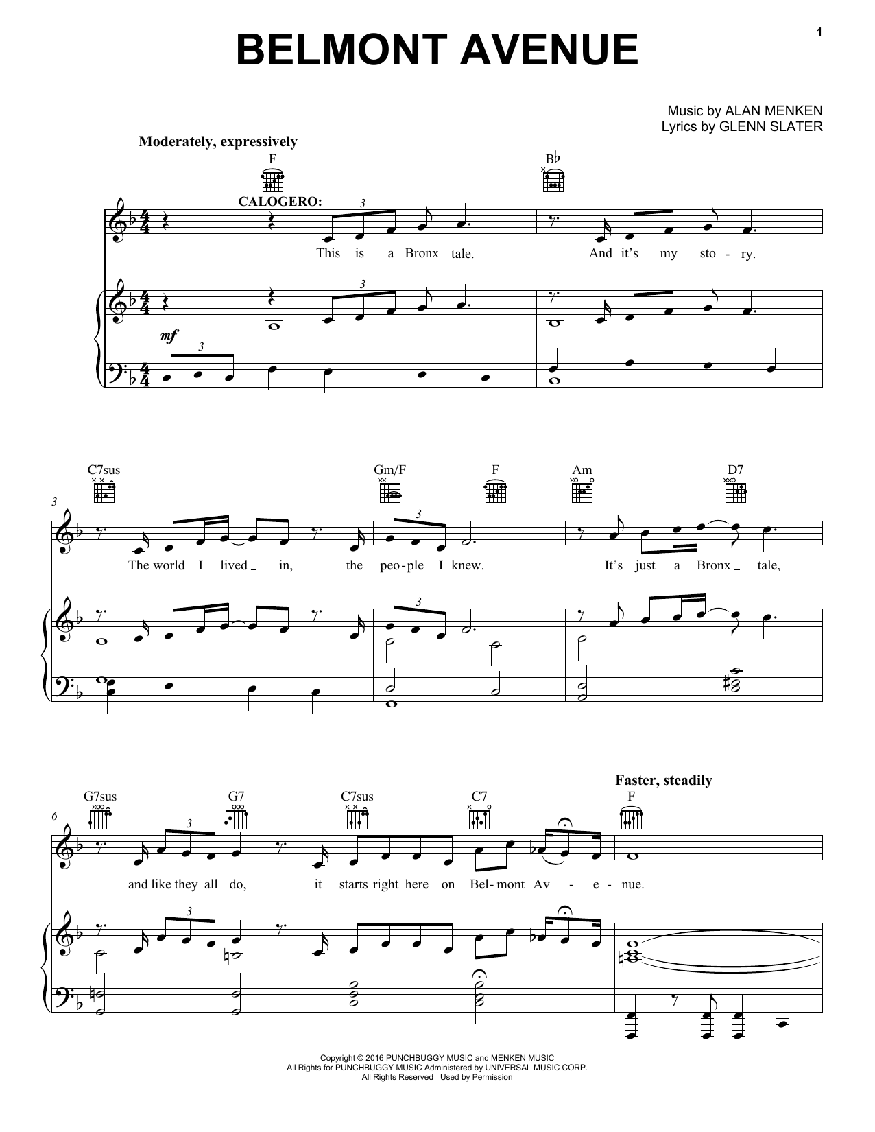 Alan Menken Belmont Avenue sheet music notes and chords arranged for Piano, Vocal & Guitar Chords (Right-Hand Melody)