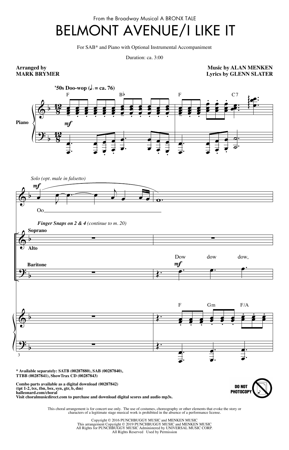 Alan Menken Belmont Avenue/I Like It (from A Bronx Tale) (arr. Mark Brymer) sheet music notes and chords arranged for SAB Choir