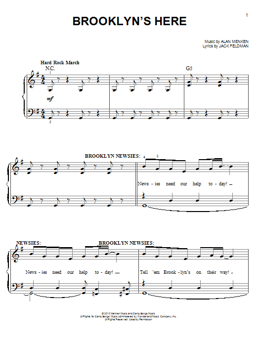 Alan Menken Brooklyn's Here (from Newsies) sheet music notes and chords arranged for Easy Piano
