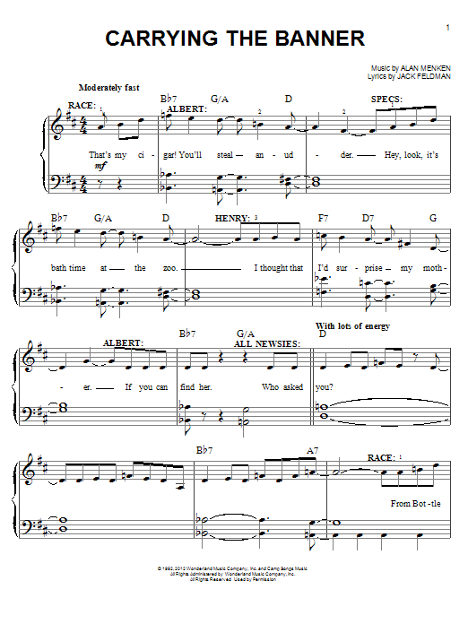 Alan Menken Carrying The Banner (from Newsies) sheet music notes and chords arranged for Easy Piano