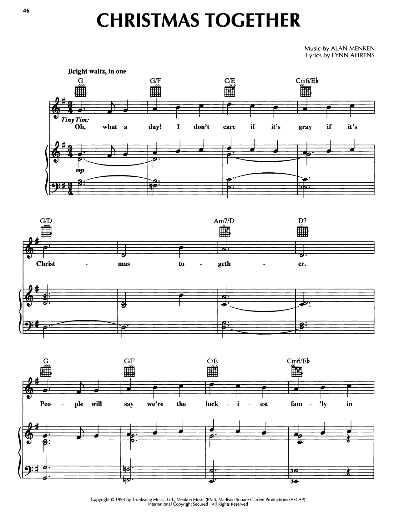 Alan Menken Christmas Together (from A Christmas Carol) sheet music notes and chords arranged for Piano, Vocal & Guitar Chords (Right-Hand Melody)