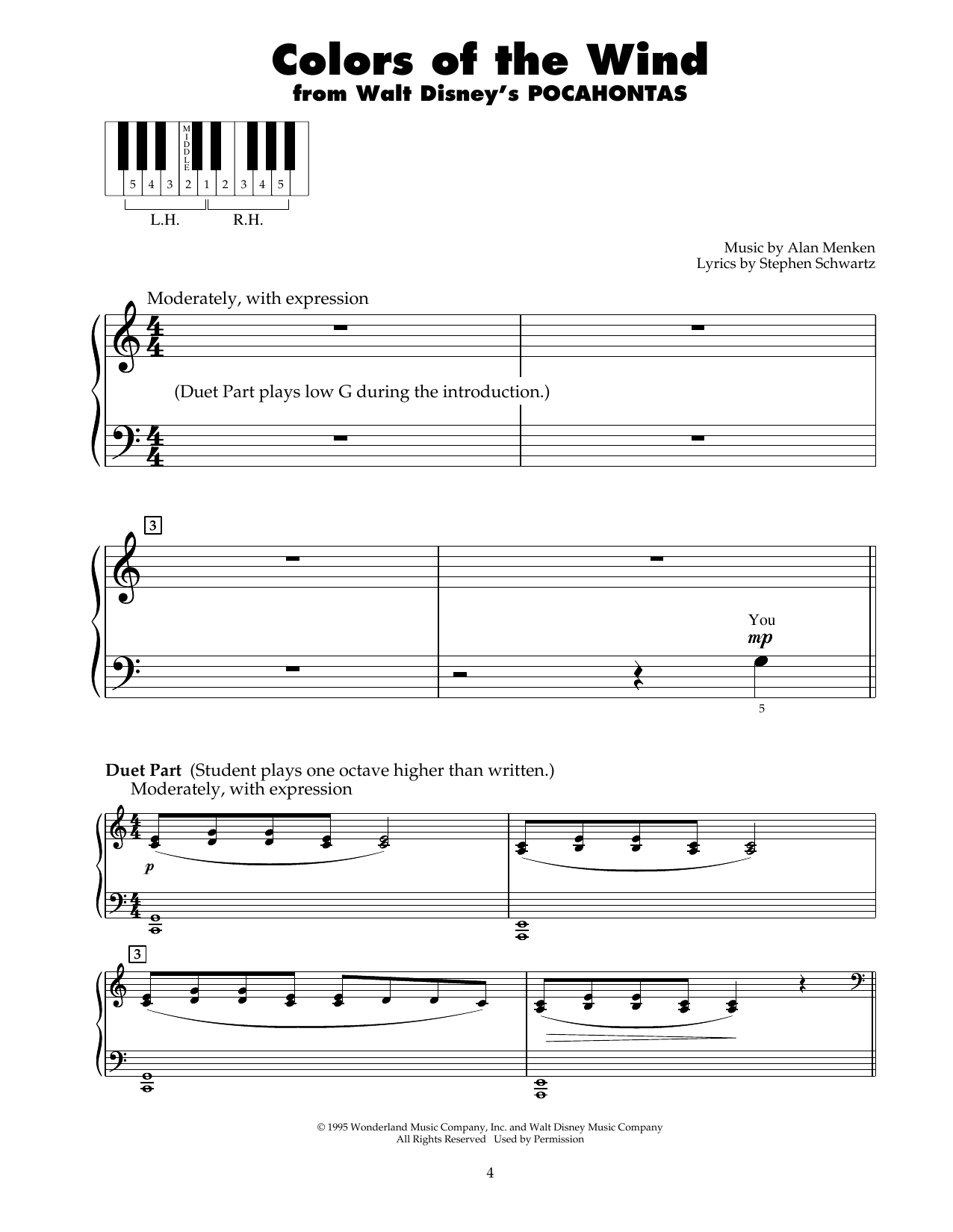 Alan Menken Colors Of The Wind sheet music notes and chords arranged for 5-Finger Piano