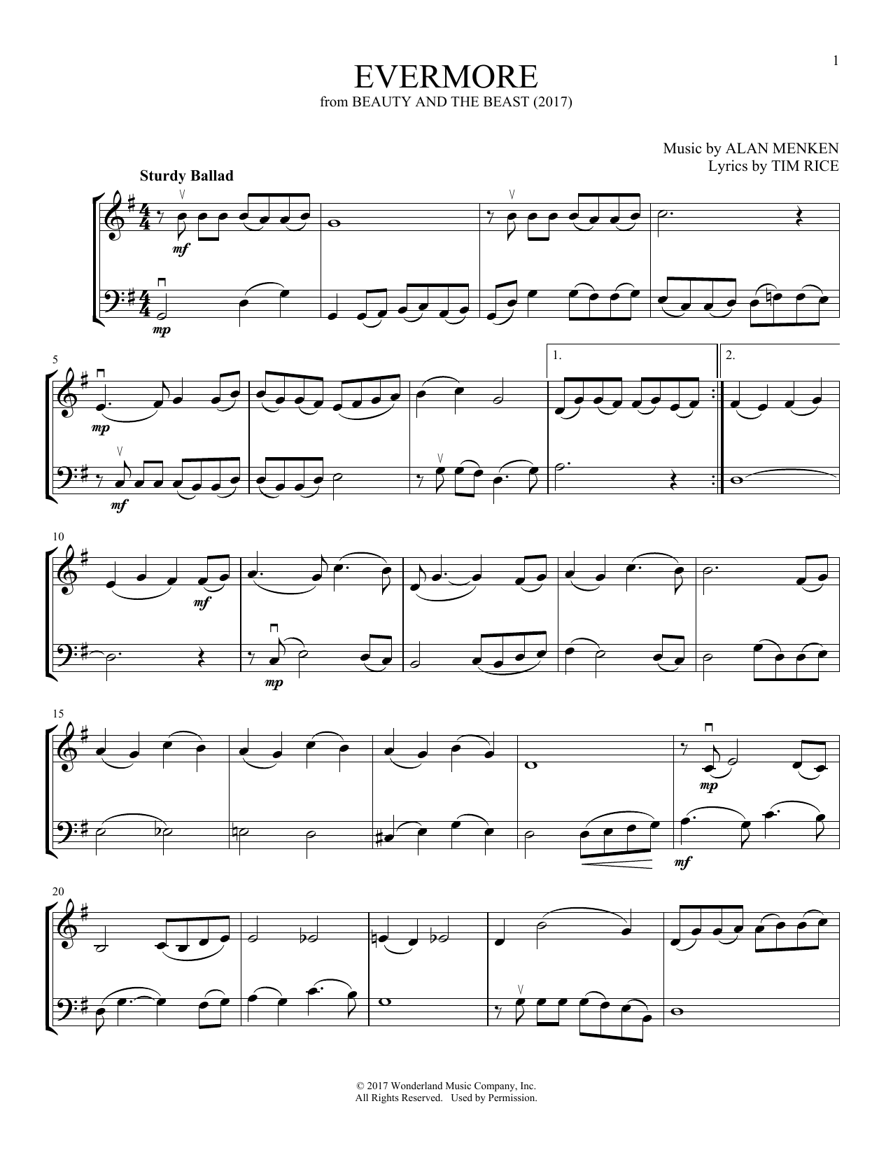 Alan Menken Evermore (from Beauty And The Beast) (arr. Michelle Hynson) sheet music notes and chords arranged for Instrumental Duet