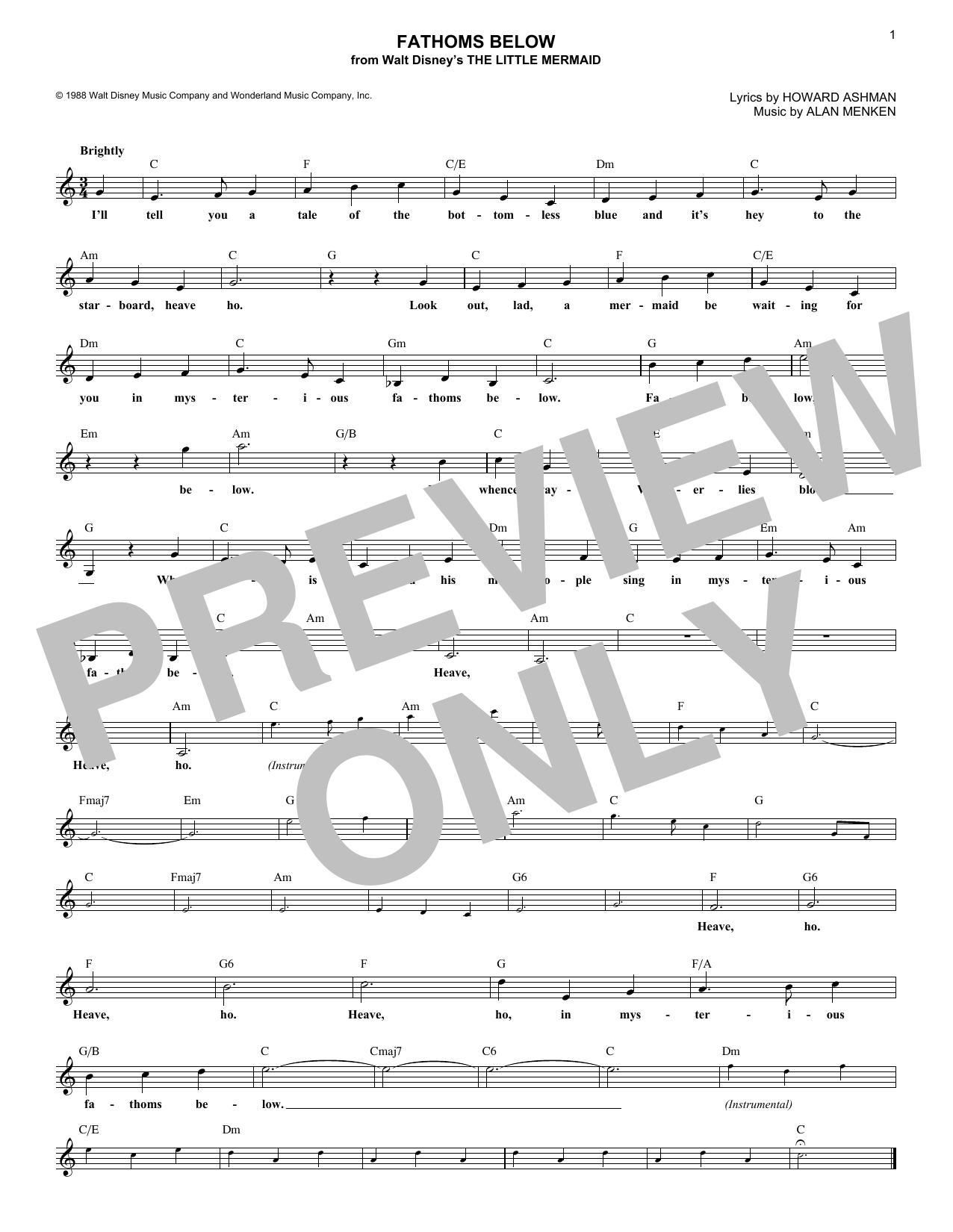 Alan Menken Fathoms Below (from The Little Mermaid) sheet music notes and chords arranged for Lead Sheet / Fake Book