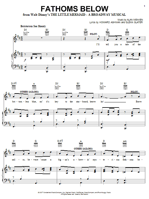 Alan Menken Fathoms Below (from The Little Mermaid: A Broadway Musical) sheet music notes and chords arranged for Piano, Vocal & Guitar Chords (Right-Hand Melody)